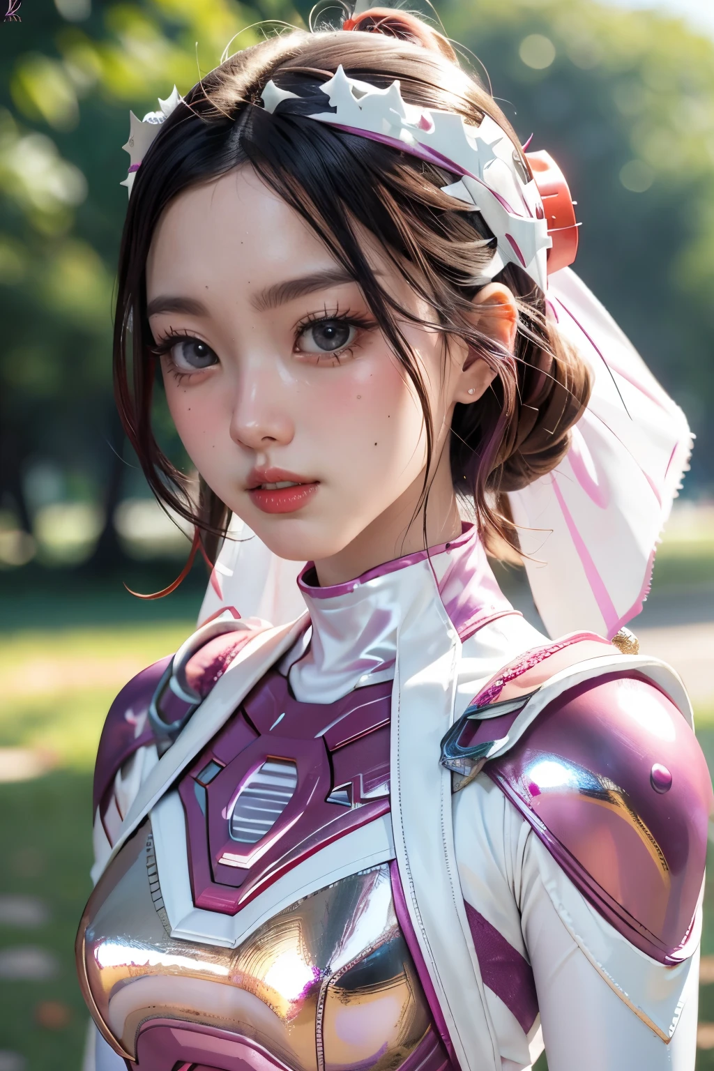 ((PinkRanger, EnakoV1)), 1 Mädchen, ein wunderschönes 20 Jahre altes japanisches Mädchen, engelhaft, niedliches Gesicht,
Schöne, detaillierte Augen, 
(Große Augen:1.3),lange Wimpern,
durchsichtiger Pony,
(schönes detailliertes Gesicht und Augen:1.4), 
schöne kurze dunkle Haare, wunderschönes Lachen,
(beste Qualität:1.2),
RAW-Foto, 
Hohe Auflösung, 
Perfekte Details, 
professionelle Fotografie, 
professionelle Beleuchtung, (Metallic-Korallenmagenta und weißer Heldenanzug:1.3), Body mit ultra-enger Passform, Belt, riesige Brüste, schöne Beine, Starke Beleuchtung des Bodys,im Park, sexy Figur:1.2, Halbkörperporträt