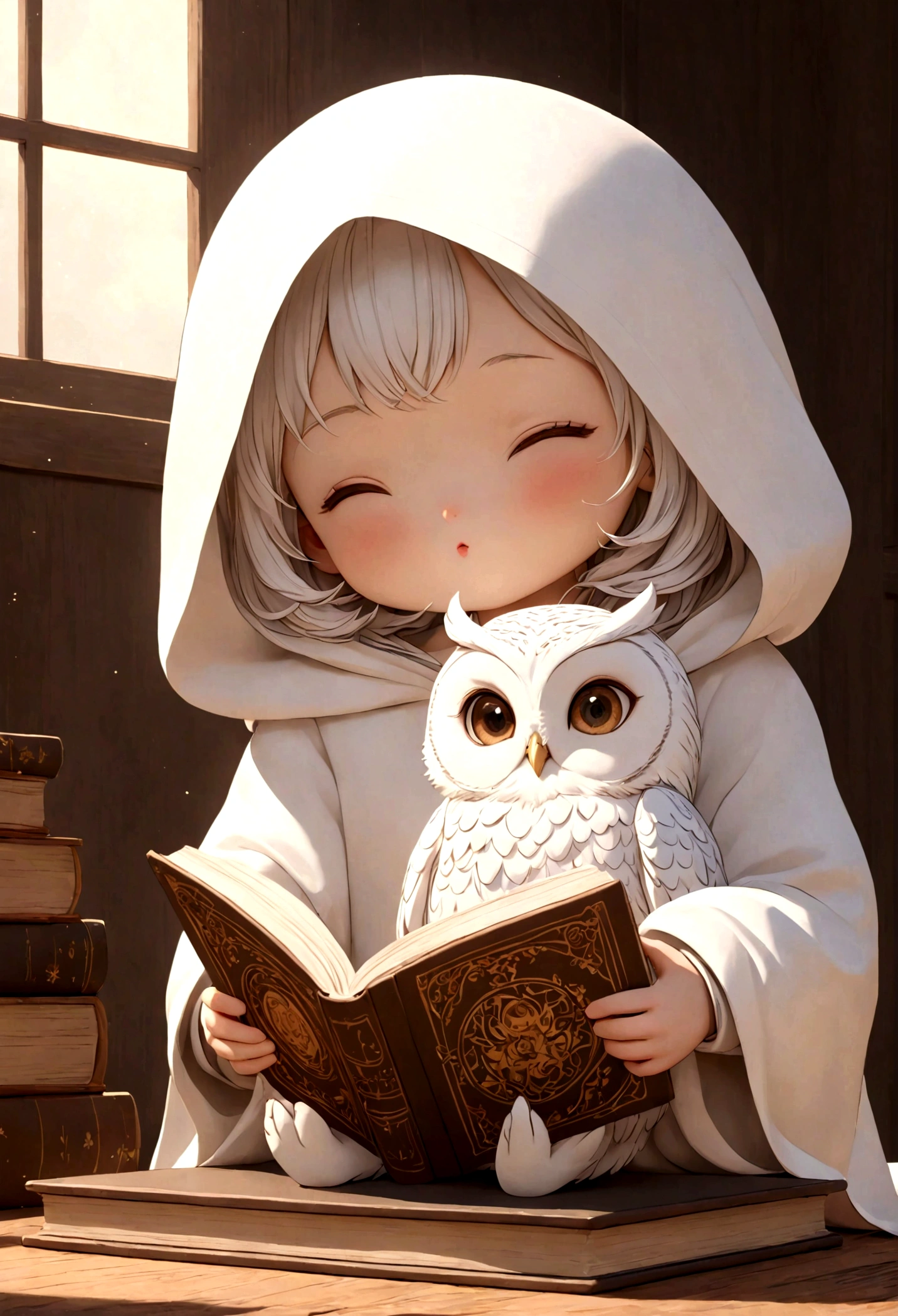  Create a vibrant fantasy and cute scene in a super-detailed animation style. A white owl in a white hood reads a book at the table without seeing its feet.( Perfect anatomical structure )Background laboratory calm and peaceful very cute white owl is reading a book cartoon 3d style   (masterpiece),Realistic masterpiece (best quality), (Ultra-high detail)

                   Very cute white owl doll stunning artwork super detailed digital art