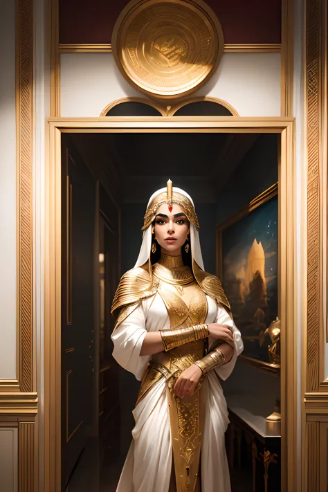 uma foto muito realista e muito detalhada，a beautiful egyptian pharaoh in the city of the future pharaoh , corpo inteiro, costum...