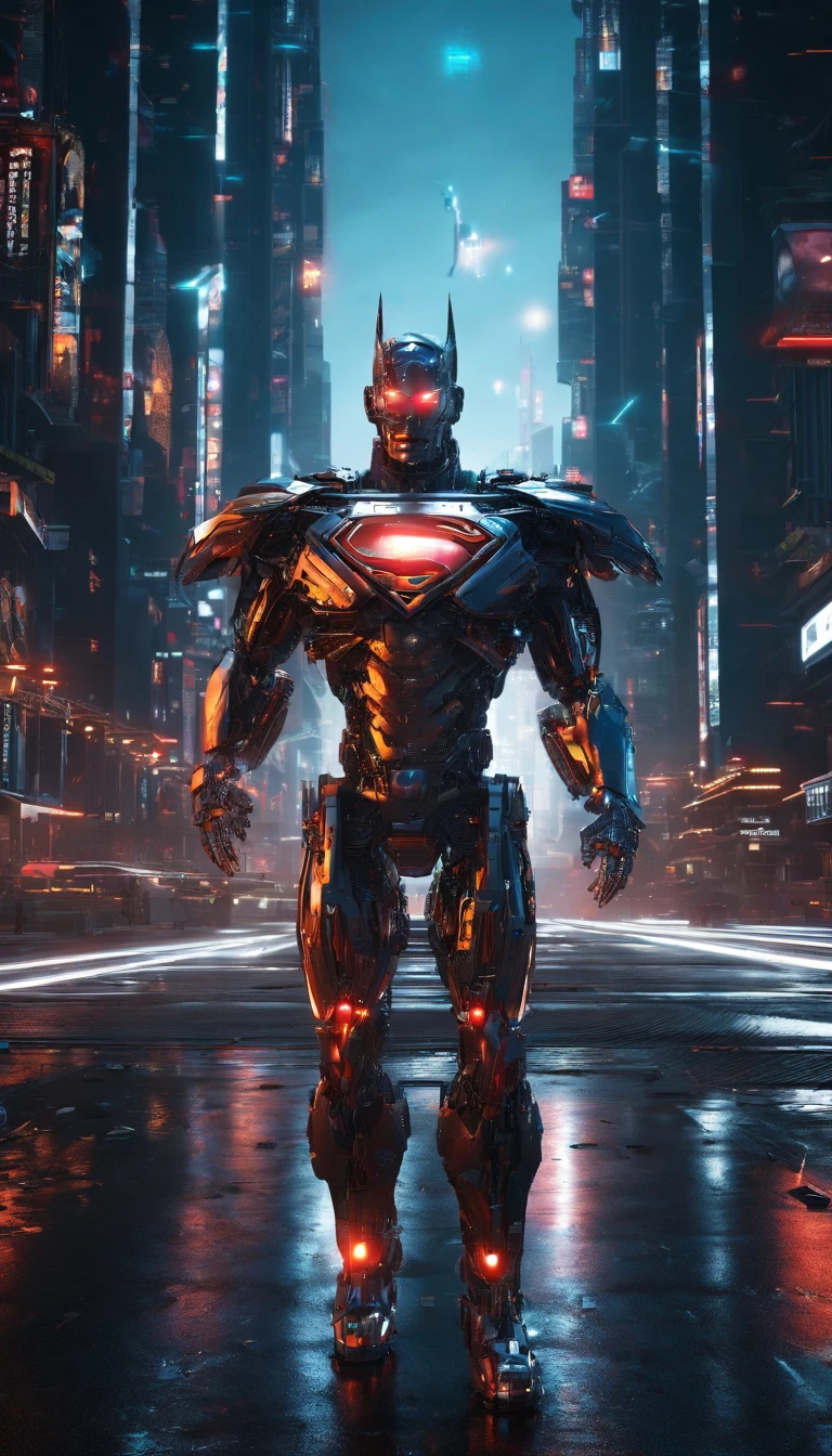 A cyborg superman flying through a futuristic city, advanced technology belonging to the huge corporation, glowing cybernetic implants, dramatic lighting, cinematic camera angle, hyper-detailed, photorealistic, 8k, HDR, seamless integration of man and machine, sleek metallic body, intricate machinery, neon lights, towering skyscrapers, reflective surfaces, sense of power and speed, cinematic composition, dynamic pose, muscular build, chiseled features, piercing gaze