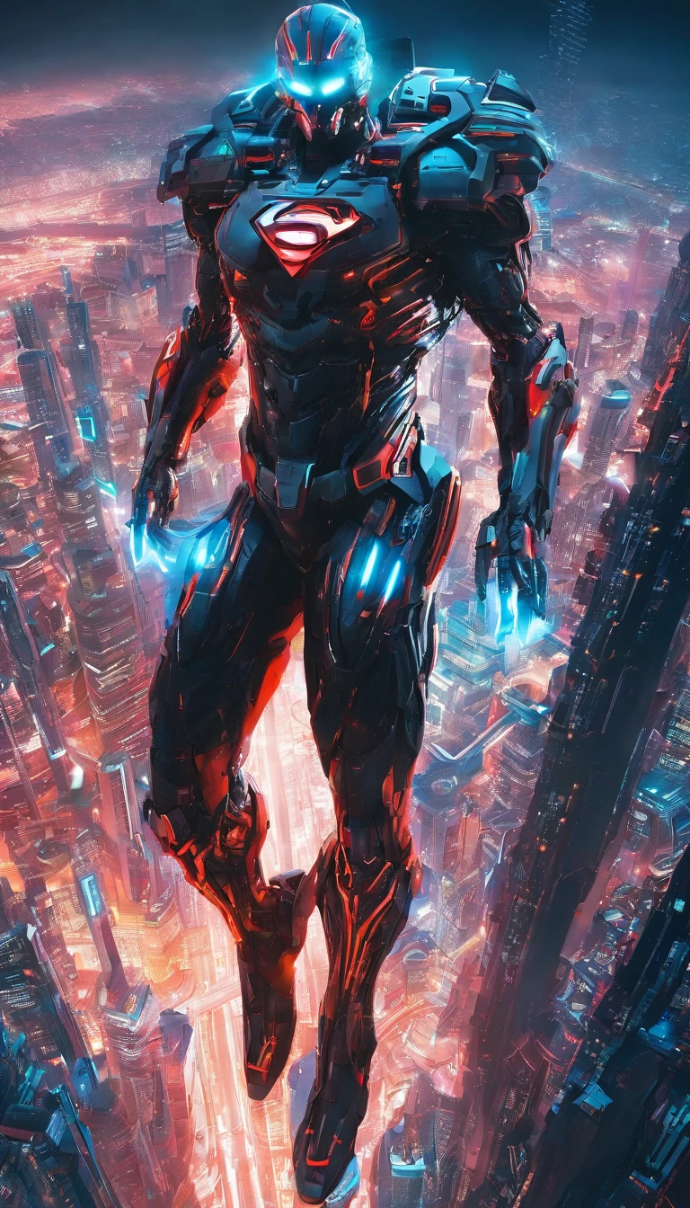 A cyborg superman flying through a futuristic city, advanced technology belonging to the huge corporation, glowing cybernetic implants, dramatic lighting, cinematic camera angle, hyper-detailed, photorealistic, 8k, HDR, seamless integration of man and machine, sleek metallic body, intricate machinery, neon lights, towering skyscrapers, reflective surfaces, sense of power and speed, cinematic composition, dynamic pose, muscular build, chiseled features, piercing gaze
