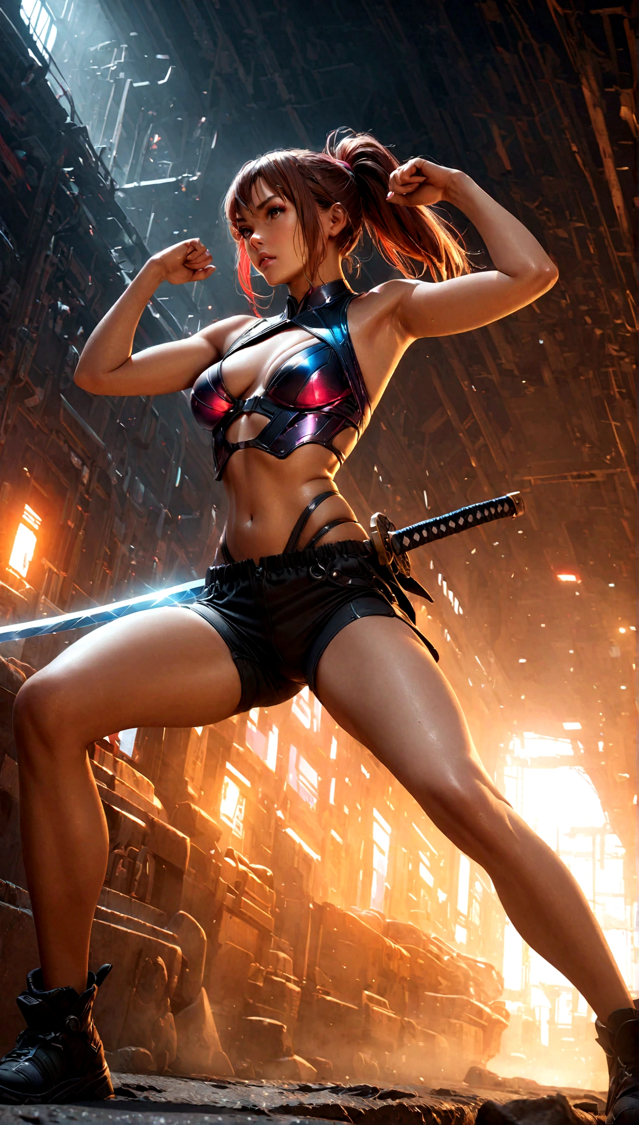 arafed young woman in a futuristic armored bikini, wearing dark sunglasses and shorts, with a tight ponytail, holding electric katana, kung fu pose, detailed face, beautiful eyes, cinematic lighting, highly detailed, 8k, photorealistic, sci-fi, concept art, dramatic lighting, vivid colors, moody atmosphere, advanced technology, powerful, elegant, full body shot, dynamic pose