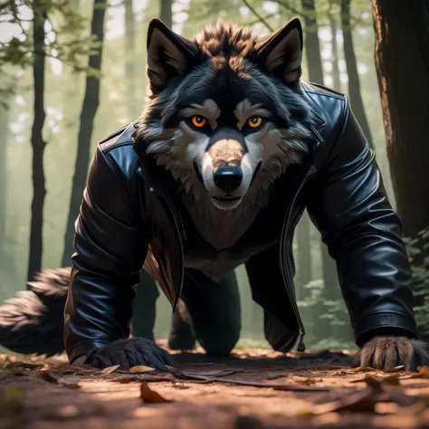 on all fours, male, 30 years old, scared expression, black leather jacket, anthro, wolf ears, (black fur:1.5), wolf, forest back...