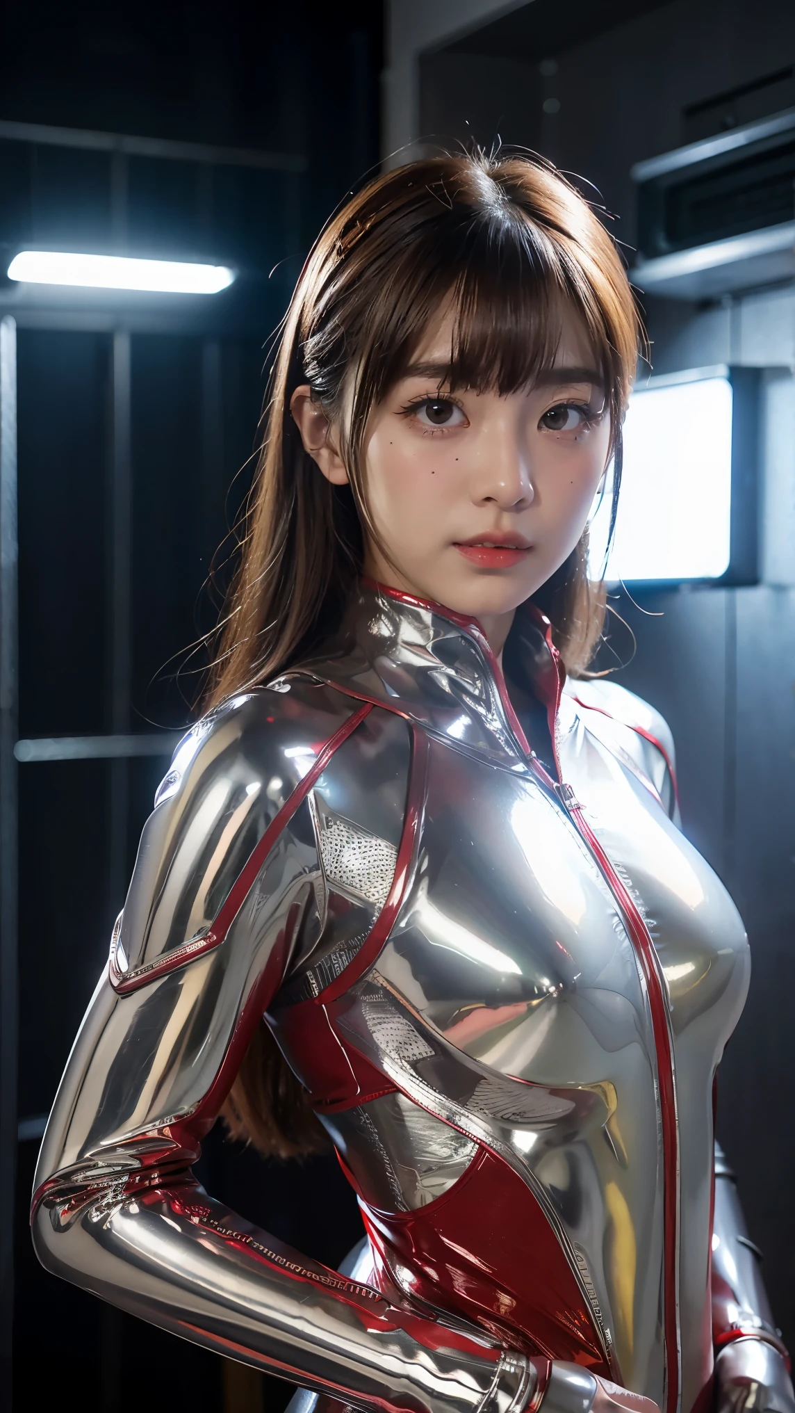 Ultraman、realistic、realistic、cinematic lighting, Girl in a shiny red and silver suit、15 years old、professional photos、Don&#39;Do not expose your skin, japanese model, japanese cgi、Ultraman Suit、, Power Rangers Suit、tight and thin cyber suit,Whole body rubbery、There&#39;s pink There、 delicate body, big breasts、small ass、thin thighs、thin arms、thin waist、camel toe、Both sides of the cyber suit stick to the skin、Big eyes、black short hair、facing the front、facing the front立っている、A glowing sphere is embedded in the chest.、Essay Examination、 blue sky background