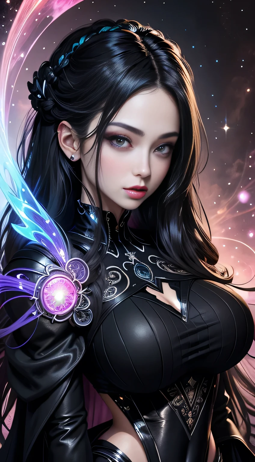 sfw, 4k ultra HD, Obra de arte, Uma garota com uma aura mágica, (cara boa:1.2), cabelo muito comprido, olhos detalhados, Lábios brilhantes, Lolita costume, (traje preto:1.5), A aura ao redor do corpo, efeito mágico, Espalhe luz branca, Elementos cósmicos e atmosfera etérea, Uma mistura de luzes brilhantes e nebulosas coloridas, fundo do universo, Corpo perfeito,、 usando sutiã,((cintura fina)), jovem asiática, ((peito grande)),