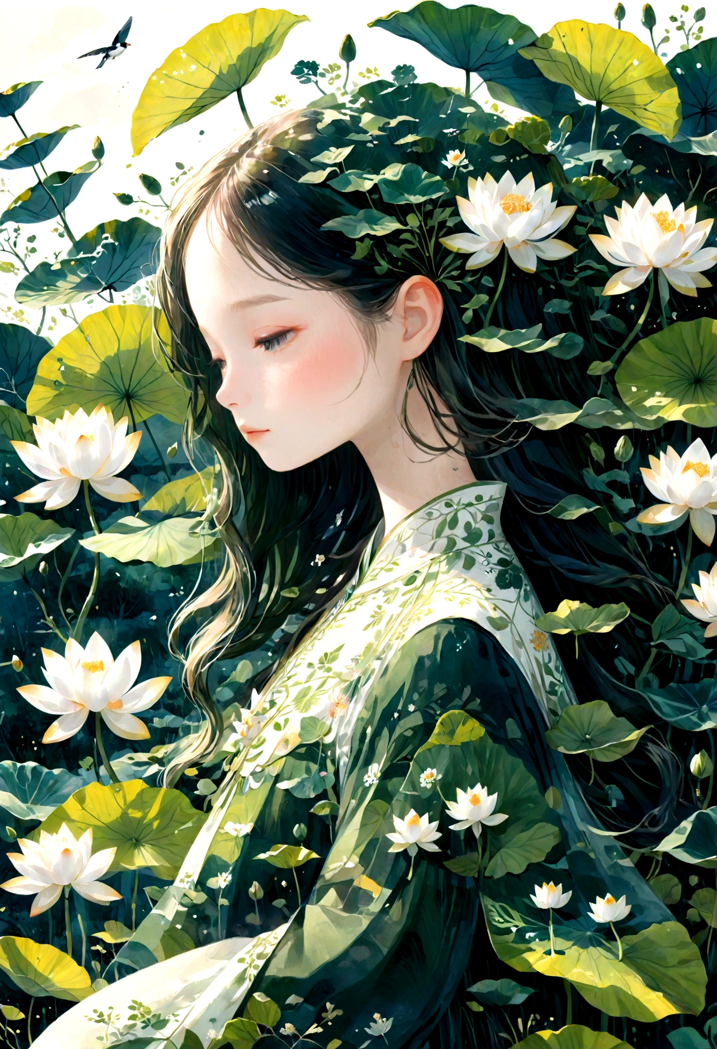    중국 한푸를 입은 긴 머리를 가진 아름답고 세밀한 소녀의 이중 노출 평면 벡터(얼굴이 맑음, beautiful and 완벽한)영상 ( 완벽한解剖结构 ) ，배경은 거대한 흰색 연꽃과 거대한 연꽃 잎입니다.(반투명 흰색 연꽃 연꽃 잎) 완벽한, 아름답게, 복잡한 잉크 일러스트레이션 스타일,   꿈꾸는듯한 천상의 예술 작품 개념 예술 작품 걸작, 최고의 품질, 매우 상세한, 고품질의 세심한 수채화 스타일 플랫 벡터 

                          