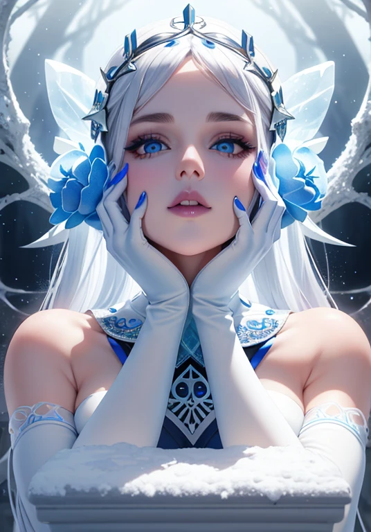 ((best quality)), ((official art)), ((masterpiece)), textile shading, ((ultra-detailed)), solo, full color, (1girl, solo, bssmsuperoutfit, circlet, white leotard,,blue sailor collar, sleeveless, heart brooch, miniskirt, white gloves, hairstyle, hairlength , detailed face, (full body:1.1)), (in nature) (best quality, highres, ice skull:1.1), ice skull, girl style, thick body art, detailed facial features, icy blue eyes, glossy lips, long eyelashes, porcelain skin, blue and silver color scheme, intricate skull design, realistic texture, vibrant colors, elaborate background, mysterious atmosphere, frozen garden, snow-covered trees, sparkling ice crystals, surreal lighting, fantasy elements