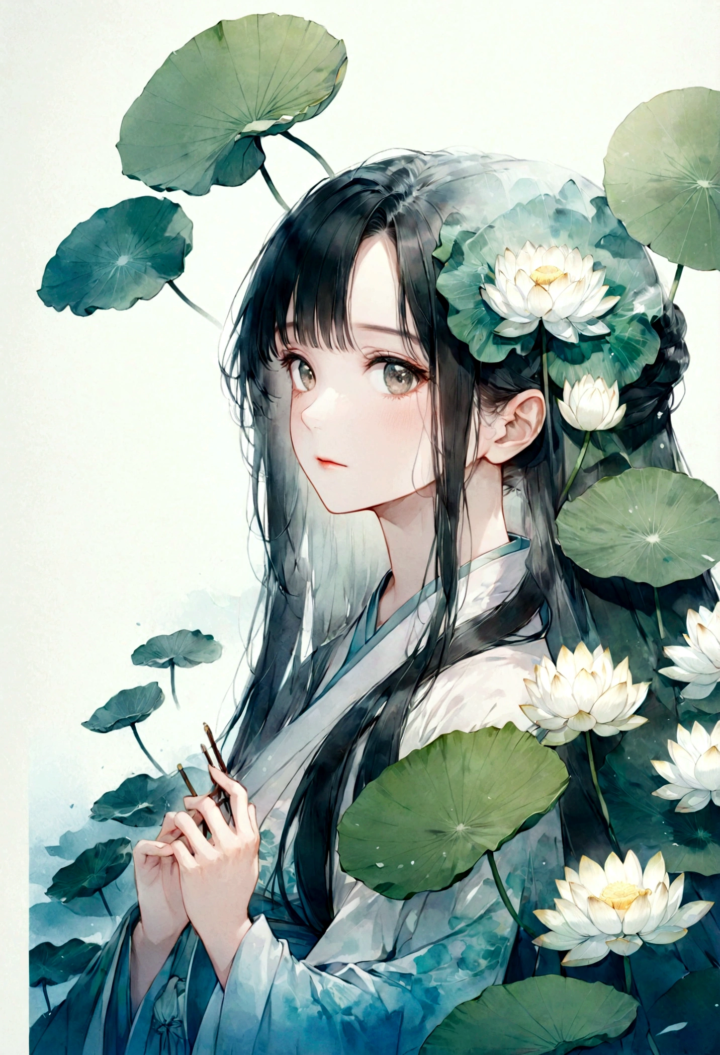    中国の漢服を着た長い髪の美しく詳細な女の子の二重露光フラットベクター(顔はきれい, beautiful and 完璧)画像 ( 完璧解剖结构 ) ，背景には巨大な白い蓮の花と巨大な蓮の葉が描かれている(半透明の白い蓮の葉) 完璧, 美しく, 精巧なインクイラストスタイル,   夢のような幻想的なアートワーク、コンセプチュアルなアートワークの傑作, 最高品質, 非常に詳細な, 高品質で細心の注意を払った水彩画スタイルのフラットベクター 

                          