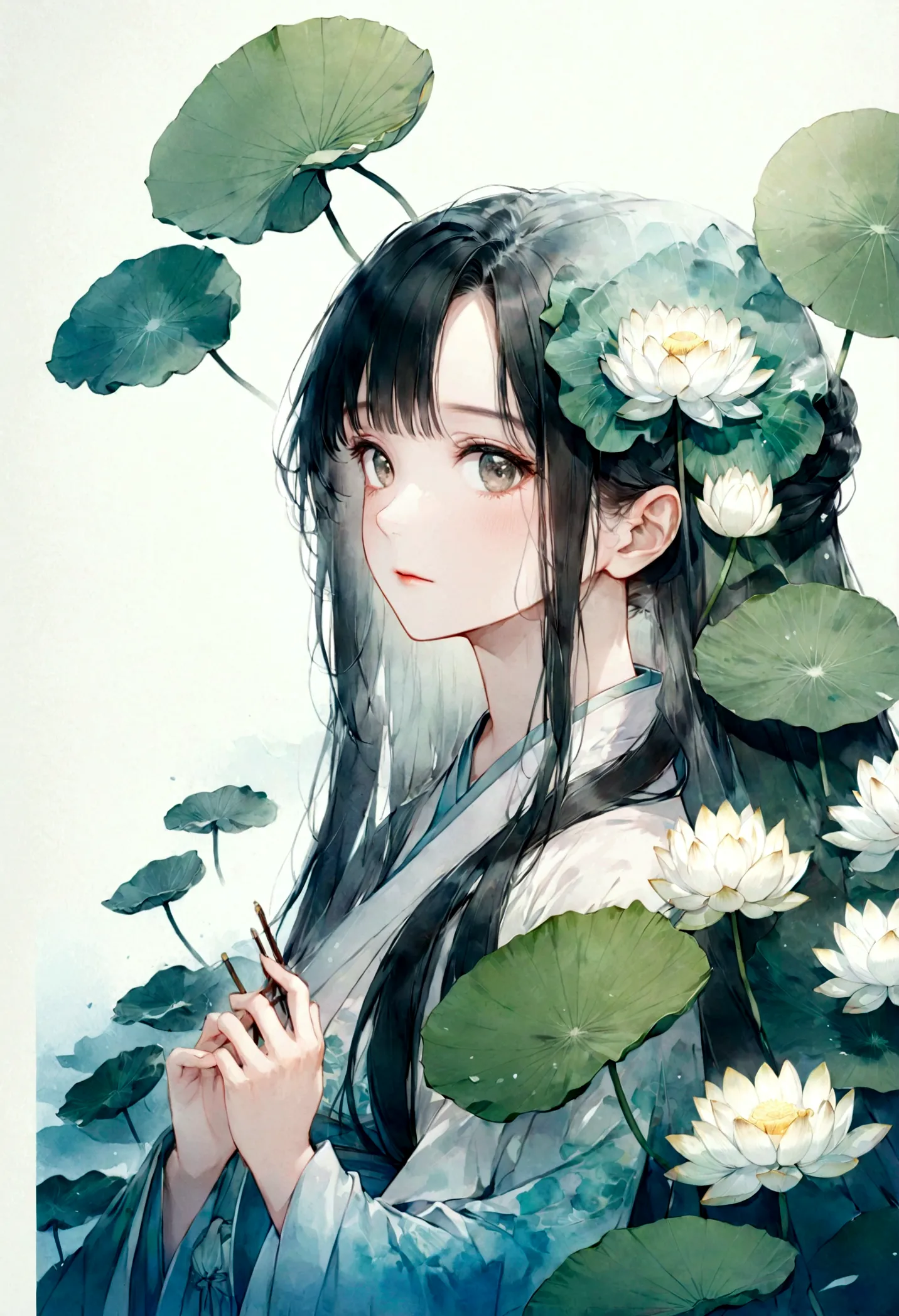    Double exposure flat vector of a beautiful and detailed girl with long hair wearing Chinese Hanfu(Face clear, beautiful and p...