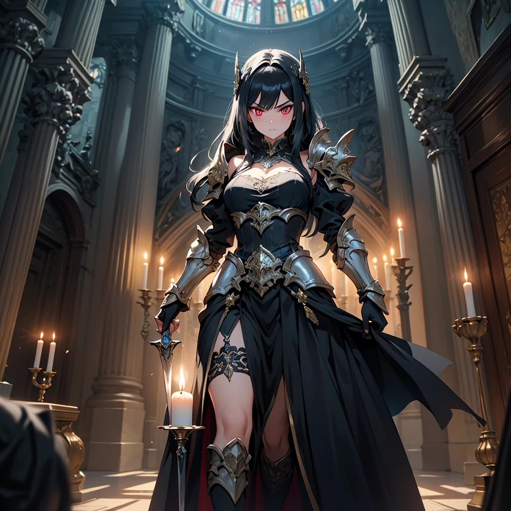 A breathtaking artwork of a female character of unimaginable beauty, set in a dark and opulent environment. The full-body view reveals an impressive figure, exuding an aura of power and mystery. She wears black and gold clothes, radiating a luxurious darkness. Her armor is detailed and characteristic, with intricate golden designs that shimmer in the dim light. Ornate shoulder pads protect her shoulders, and the armor perfectly molds to her body, accentuating her formidable presence. Her long black hair flows like a river of darkness, contrasting with her mesmerizing scarlet eyes. Her beauty is almost supernatural, a perfect blend of grace and menace. She wields a cursed blade that seems to pulse with malevolent energy, enhancing her aura of danger. The setting around her is a gothic and luxurious environment, with dark arches and stained glass windows that filter a supernatural light. In the background, candles flicker, casting dancing shadows on the intricately carved stone walls. It is a place that blends elegance and terror, perfectly reflecting the essence of the character.