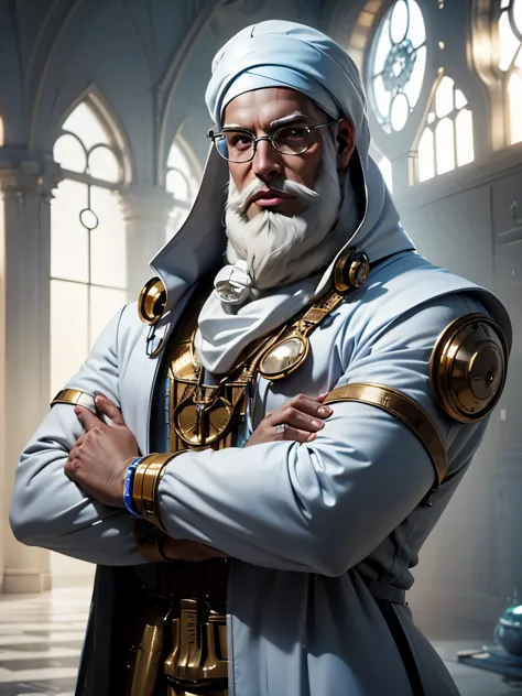 op portrait of arab male doctor in his 40s,((white head arab coat and turbin)) , (round eye glasses), (((long white beard))), mu...