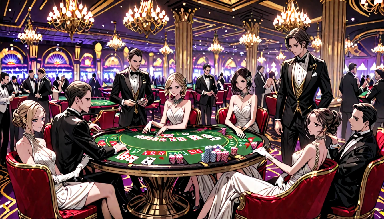 luxurious casino, elegant, opulent, card table, rich people, people playing cards, croupier, sitting