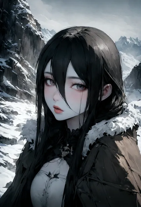 Anime girl with long black hair and orange eyes in the snow - SeaArt AI