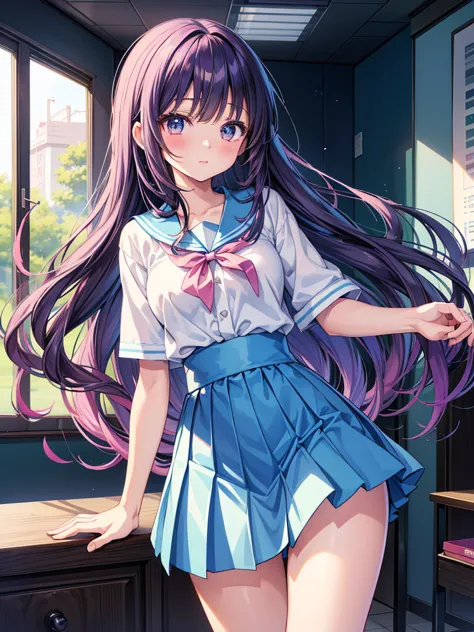 anime girl with long hair and blue shirt and skirt posing, an anime drawing inspired by Yuki Ogura, pixiv, tachisme, beautiful a...
