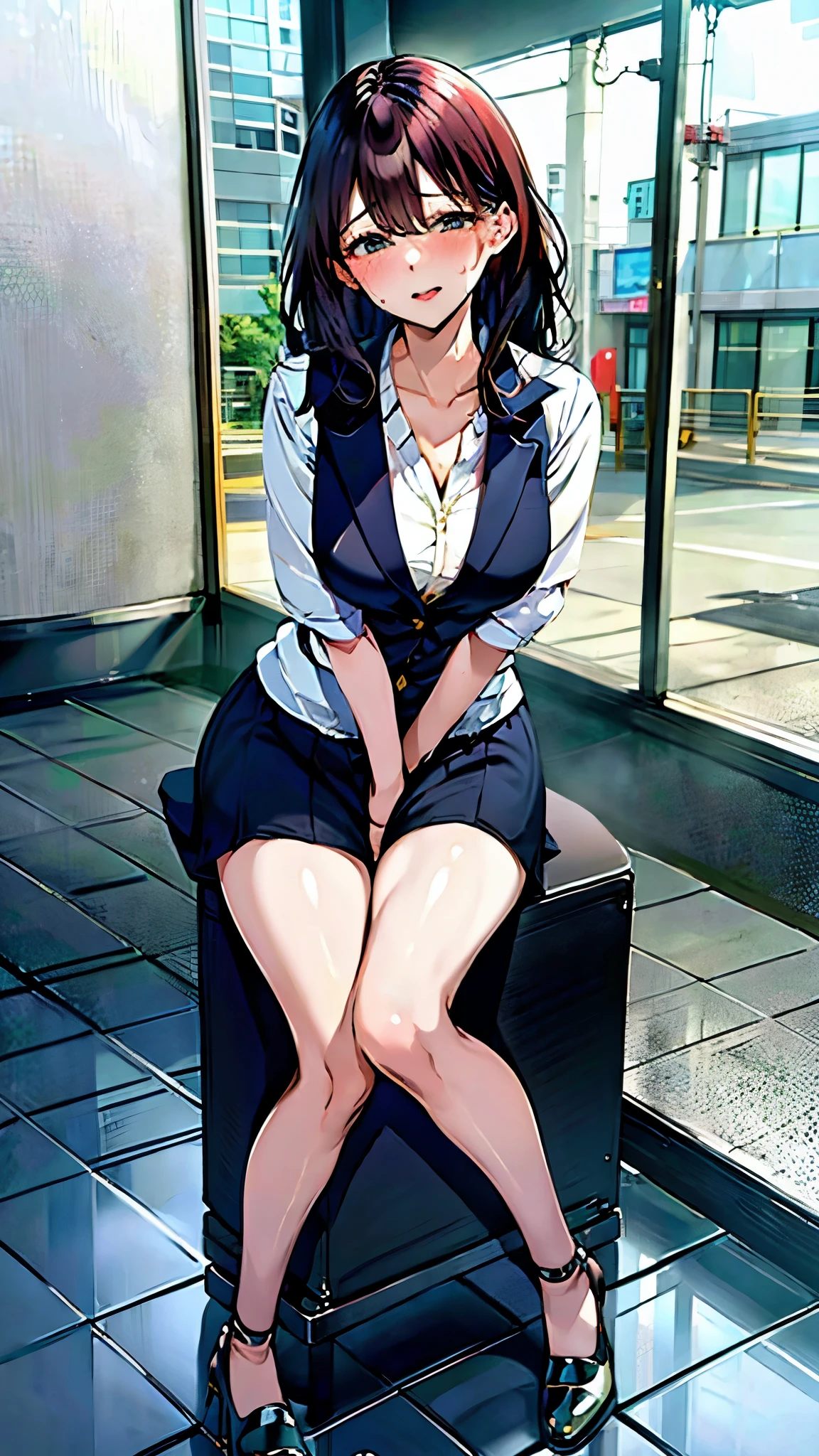 Anime girl sitting on a suitcase in a public place - SeaArt AI