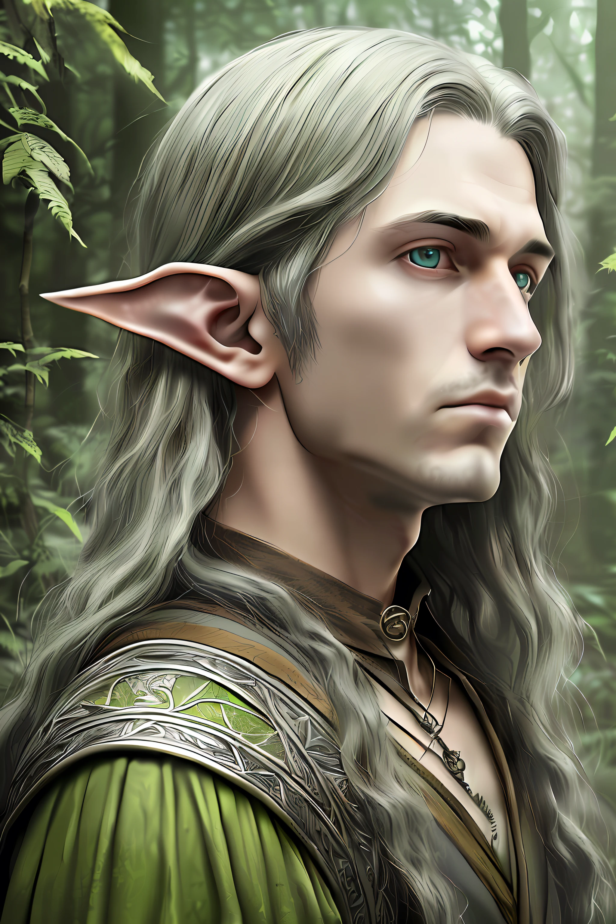 obra maestra, mejor calidad, (realista:1.3), **Highly detailed fantasy photograph of a male elf lord in a Lord of the Rings setting, Close face but amazing view at the back with gothic buildings and nature, orejas puntiagudas, looking intensely at the camera, en un bosque, Al estilo de Made of Vines, Tom Bagshaw, gris claro y verde, Photorealista