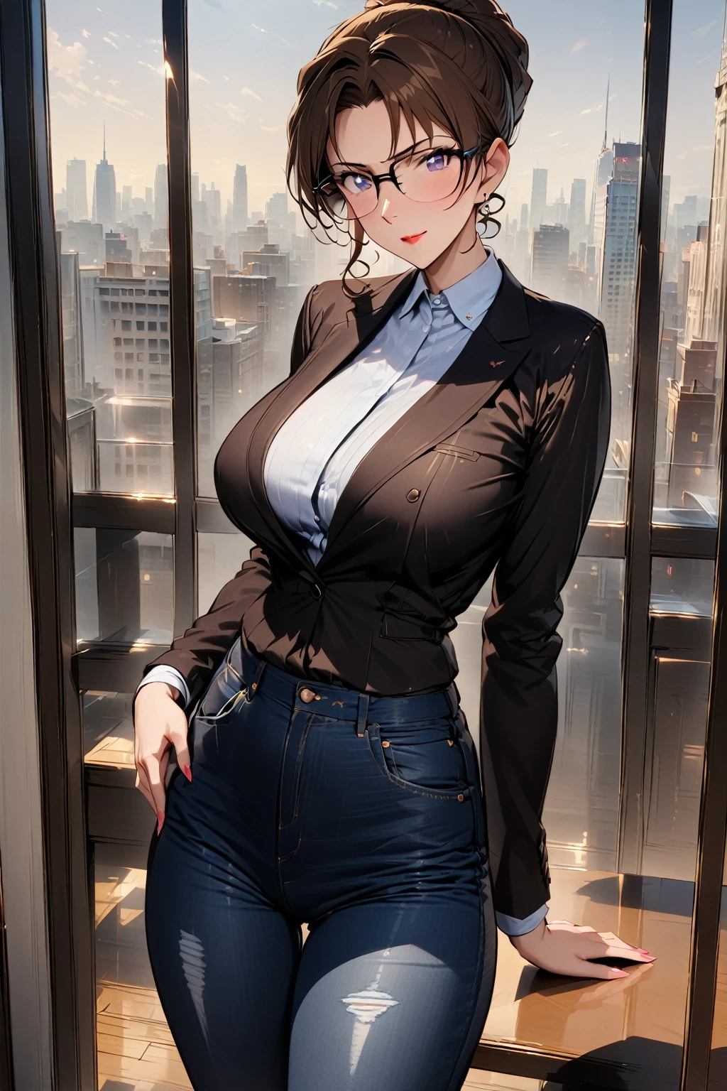 beautiful lawyer (best quality,masterpiece:1.2), perfect figure, with glasses, ultra clear, ultra detailed, depth of field, brown hair, charismatic, 36 years old，jeans