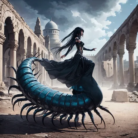 Centipede girl. Her image color black. Black body and blue leg Centipede. Arabian dancer fashion. close-up girl. ruins.