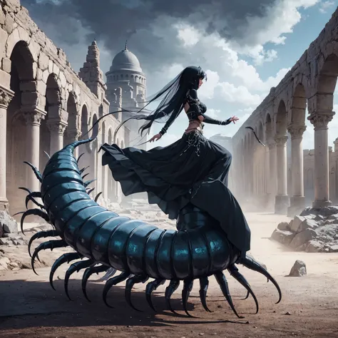 Centipede girl. Her image color black. Black body and blue leg Centipede. Arabian dancer fashion. close-up girl. ruins.