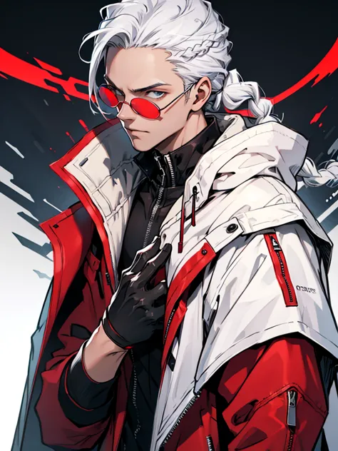  Concept ART ,human Male  ,Clear Skin ,Red eyewear , white hair,long braided ,zip Red Coat  , Black Gloves  , Cool 