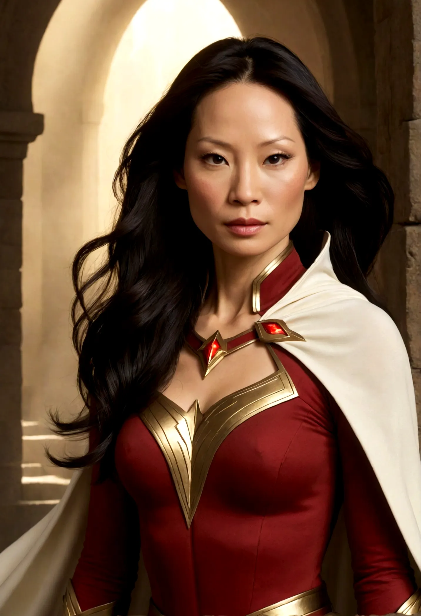 (ultra realistic,32k, masterpiece:1.2),(high detailed skin:1.1),( 8k uhd, dslr, high quality:1.1), 
lucy liu as shazam. brown ha...