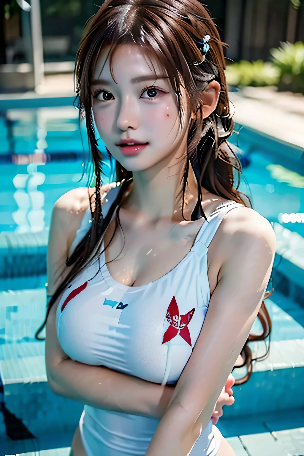 (((Beautiful woman swimming in a competitive pool:1.3))),(((Sports towel))), (Competitive swimming suits:1.7)),(((White one piece swimsuit))),Crying face,tears,Cute Face,(Reddish brown wet shiny hair)、(Floral braided headband、Half Up、Floral,),(Space Knitting、Voluminous fishtail braid、Twisted pan、)、(The bangs are see-through)、hairpin、hair ornaments、Blushing、Pointed red mouth、Perfect round face,iris,(Perfect body curves),Big Breasts.Professional Lighting,Cinematic Light,(Tabletop,highest quality,Ultra-high resolution output images,) ,(8K quality),(Picture Mode Ultra HD),
