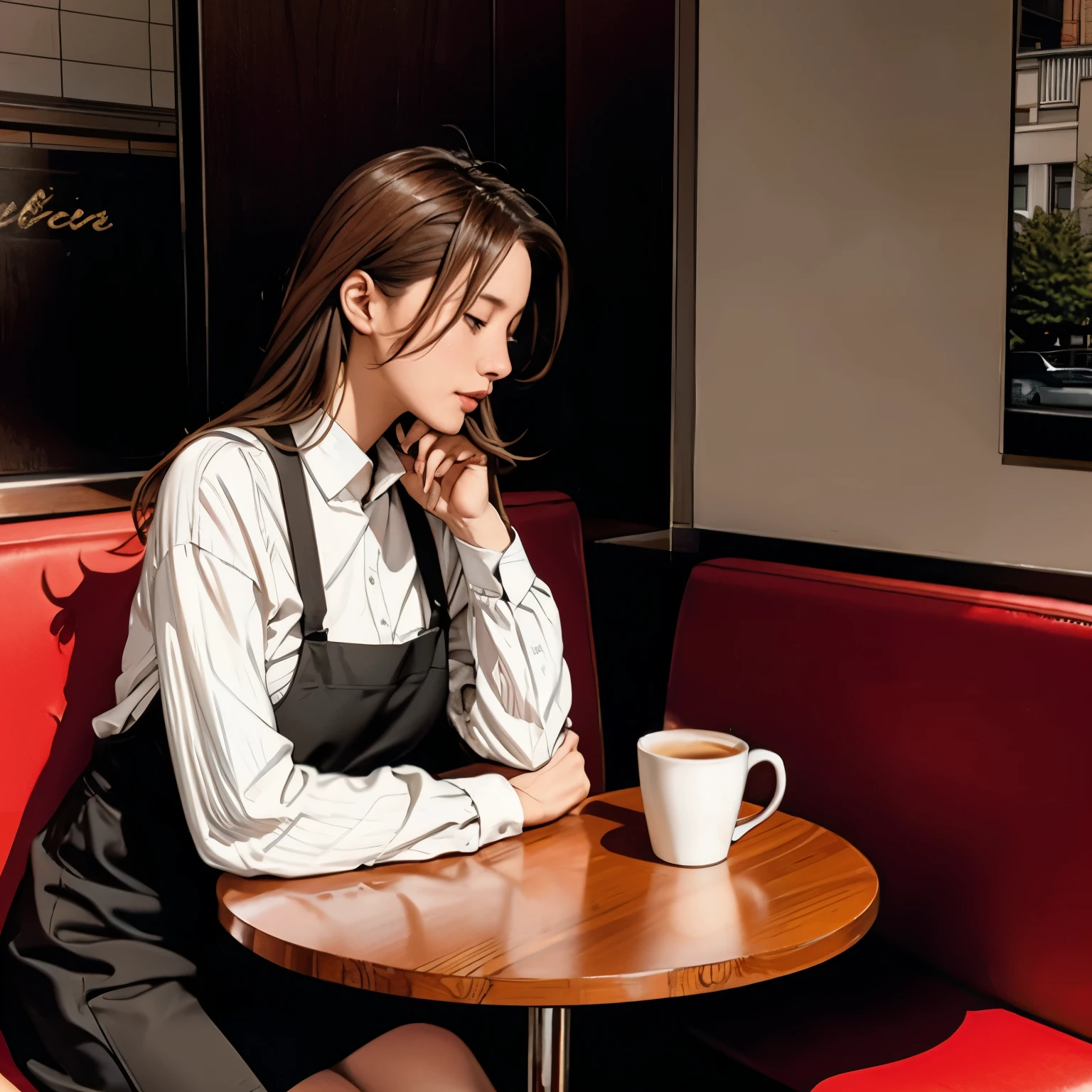 German woman sitting at a cafe table drinking coffee、Emma&#39;s Photo。Window sunlight, Blue Hair, Dynamic pose, Skin Texture, Pale skin, Shiny skin, (slim, small:1.2), [:(Sharp focus on the face, Detailed face, Perfect Eyes, View Viewer:1.2):0.2], Realistic, Film Grain, highest quality, masterpiece