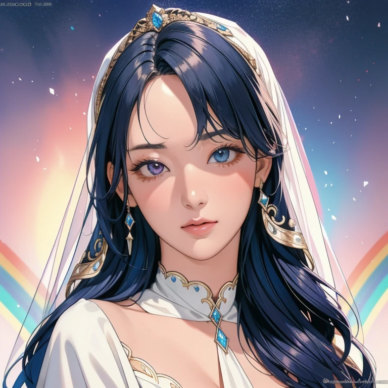 sakimichan style, Urop Style, Portraiture, Detailed painted face, Beautiful woman, Fuller lips, Opaque Veil, Medieval Veil, Head rail, 12th century, Eyes with heterochromia, Rainbow Eyes, Medieval costume, Brot, Lord of the Rings Gown, Near perfect, Beautiful anime style, Character Panorama, Beautiful and detailed face, Shining Shadow, Beautiful gradation, Depth of written boundary, Beautiful graphics, high quality, High detail, High resolution, Luminous Studio graphics engine