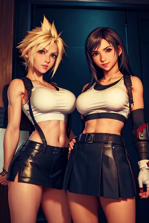 (masterpiece), (high quality), (realistic 1.5), (2 girls)  female Cloud Strife, Tifa Lockhart, big breasts, white sleeveless top...