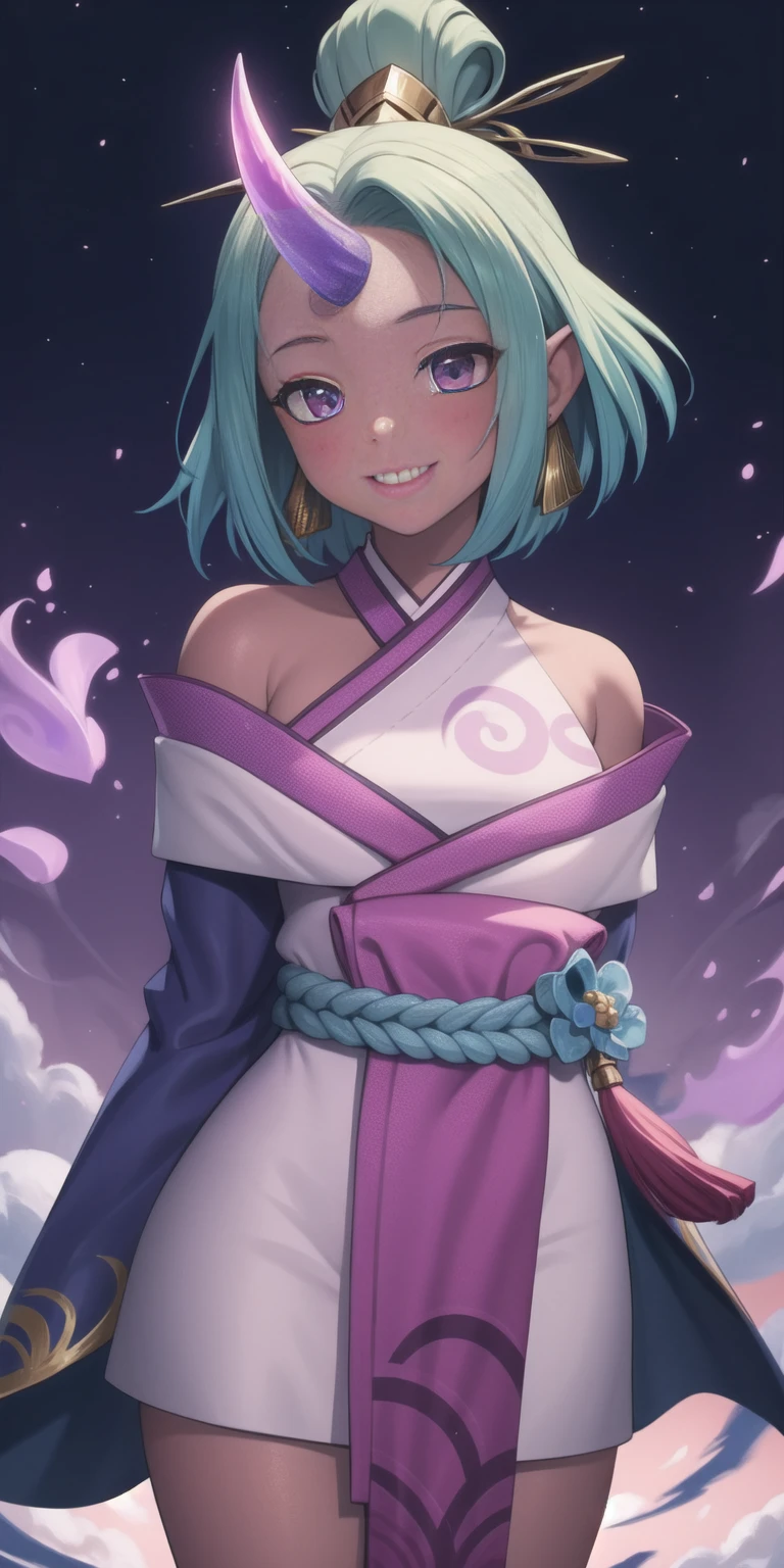 (masterpiece, best quality:1.2), intricate details, spirit blossom soraka, 1girl, purple skin, colored skin, single horn, kimono, hair ornament, bare shoulders, smile