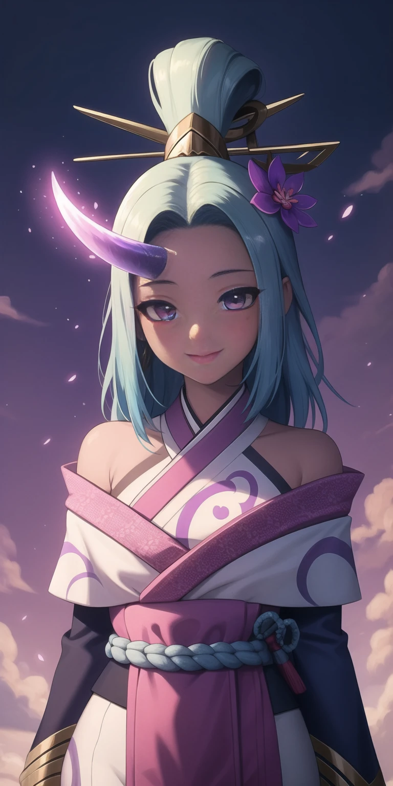 (masterpiece, best quality:1.2), intricate details, spirit blossom soraka, 1girl, purple skin, colored skin, single horn, kimono, hair ornament, bare shoulders, smile