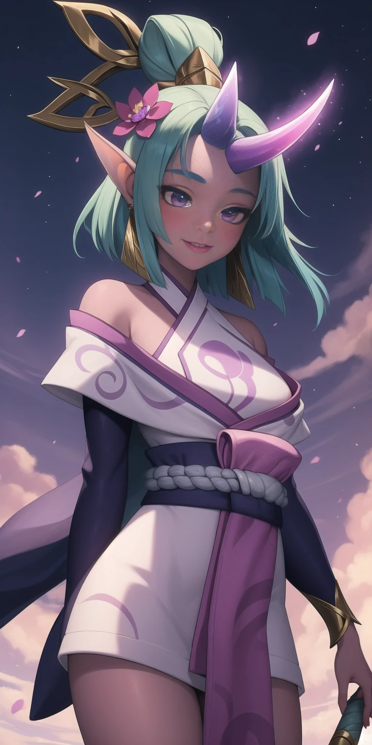 (masterpiece, best quality:1.2), intricate details, spirit blossom soraka, 1girl, purple skin, colored skin, single horn, kimono, hair ornament, bare shoulders, smile