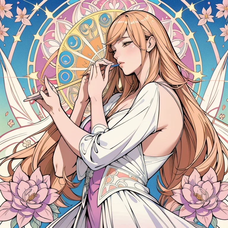 Kiss Shot Acerola Orion Heart Under Blade, beautiful girl, Light Hair, Tarot card art, Line art, clean Line art, Nature themed coloring mandalas, colorful, simple and clean Line art, Decorated in Art Nouveau style, Alphonse Mucha, Perfect intricate detail, Realistic.