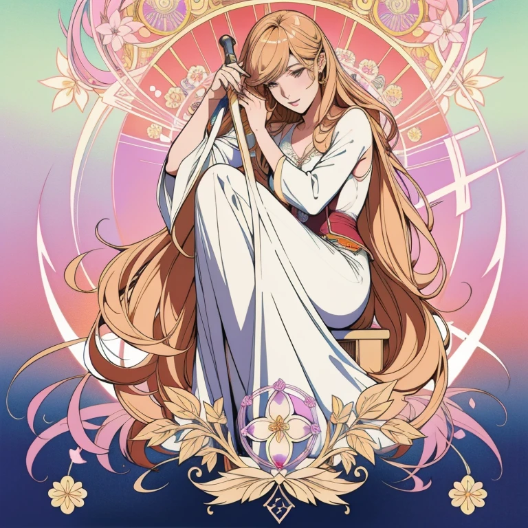 Kiss Shot Acerola Orion Heart Under Blade, beautiful girl, Light Hair, Tarot card art, Line art, clean Line art, Nature themed coloring mandalas, colorful, simple and clean Line art, Decorated in Art Nouveau style, Alphonse Mucha, Perfect intricate detail, Realistic.