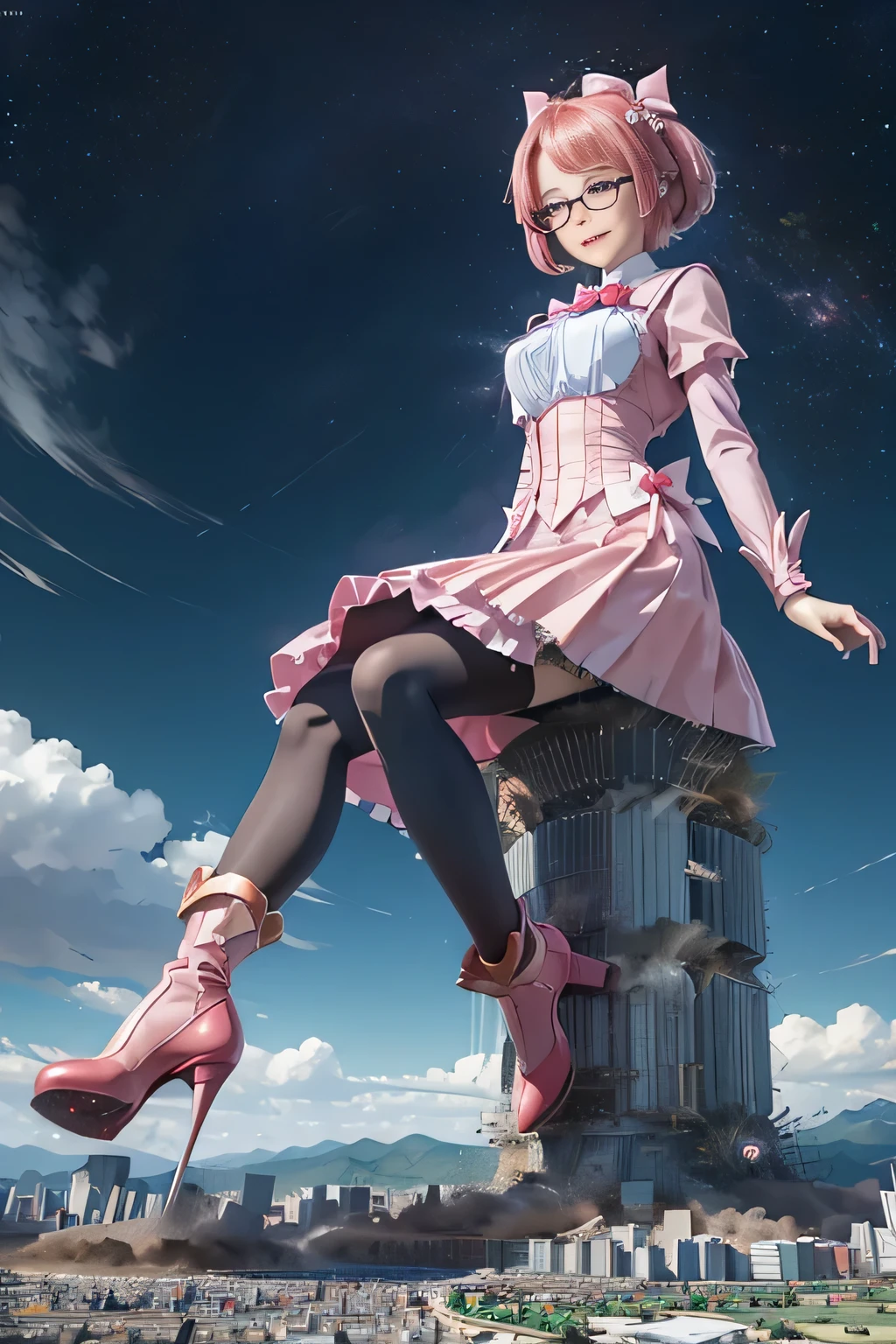 giantess art, highly detailed giantess shots, giantess, Two legs, Five fingers, short hair, A beautiful girl who is bigger than a skyscraper, Wearing rimless glasses, smile, Big Breasts, pink dress, bow, magical girl, magical wand, black pantyhose, pink stiletto heels, Destroying cities, A very small big city, Miniature metropolis, Full body description, GTS, giga giantess, stomping city, crash city, tiny city, micro city, pantyhose feet, High resolution, highest quality, masterpiece, 