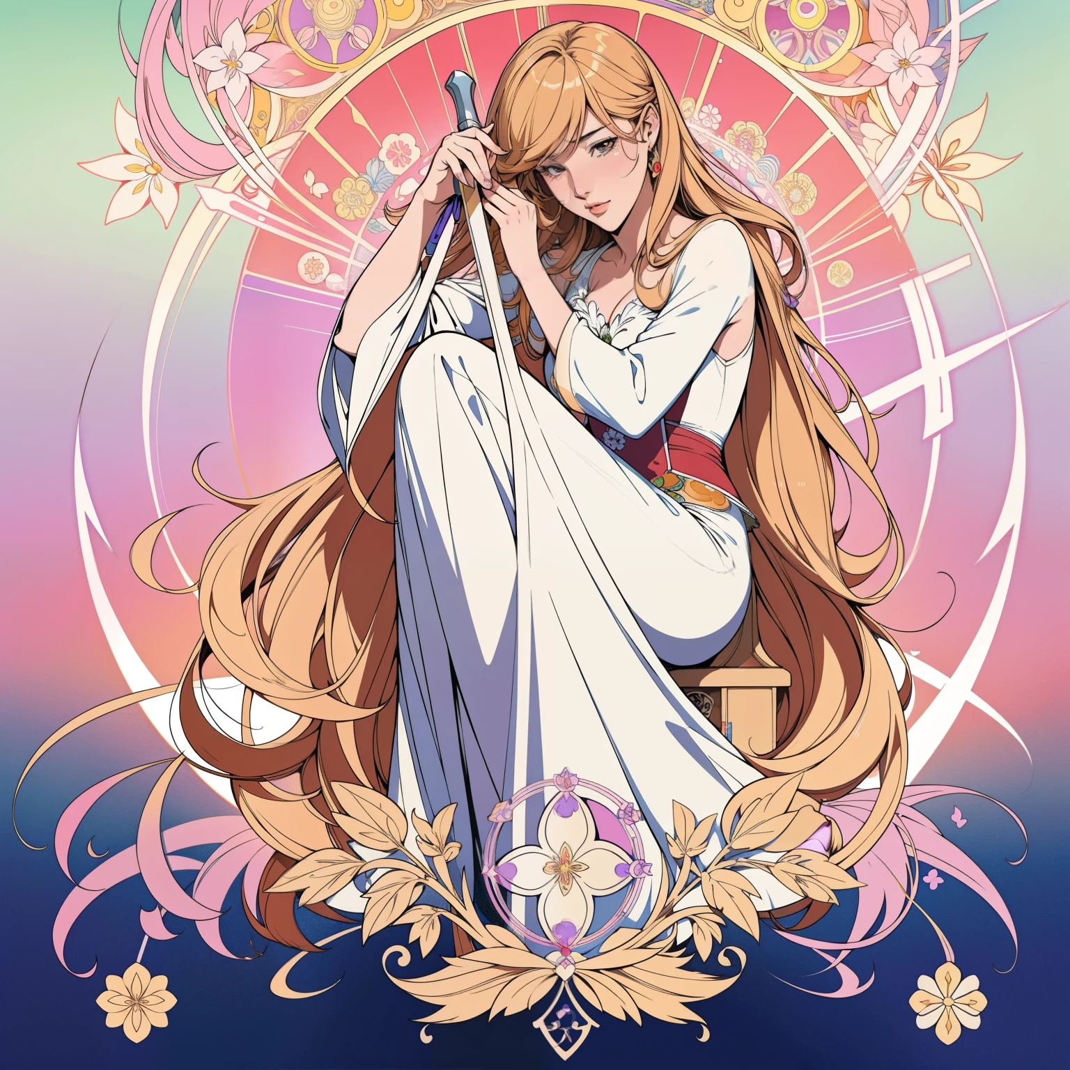 Kiss Shot Acerola Orion Heart Under Blade, beautiful girl, Light Hair, Tarot card art, Line art, clean Line art, Nature themed coloring mandalas, colorful, simple and clean Line art, Decorated in Art Nouveau style, Alphonse Mucha, Perfect intricate detail, Realistic.