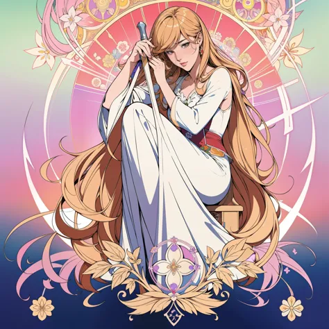 Kiss Shot Acerola Orion Heart Under Blade, beautiful girl, Light Hair, Tarot card art, Line art, clean Line art, Nature themed c...