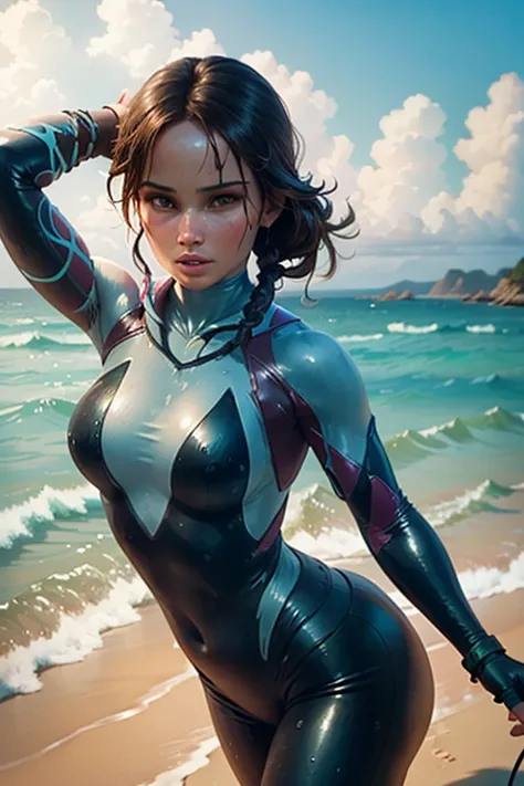 Lara Croft swimming in the ocean, wearing a wet suit, wet body, swimming