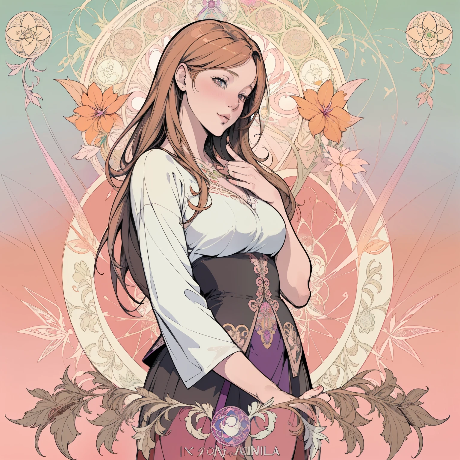 Kiss Shot Acerola Orion Heart Under Blade, beautiful girl, Light Hair, Tarot card art, Line art, clean Line art, Nature themed coloring mandalas, colorful, simple and clean Line art, Decorated in Art Nouveau style, Alphonse Mucha, Perfect intricate detail, Realistic.