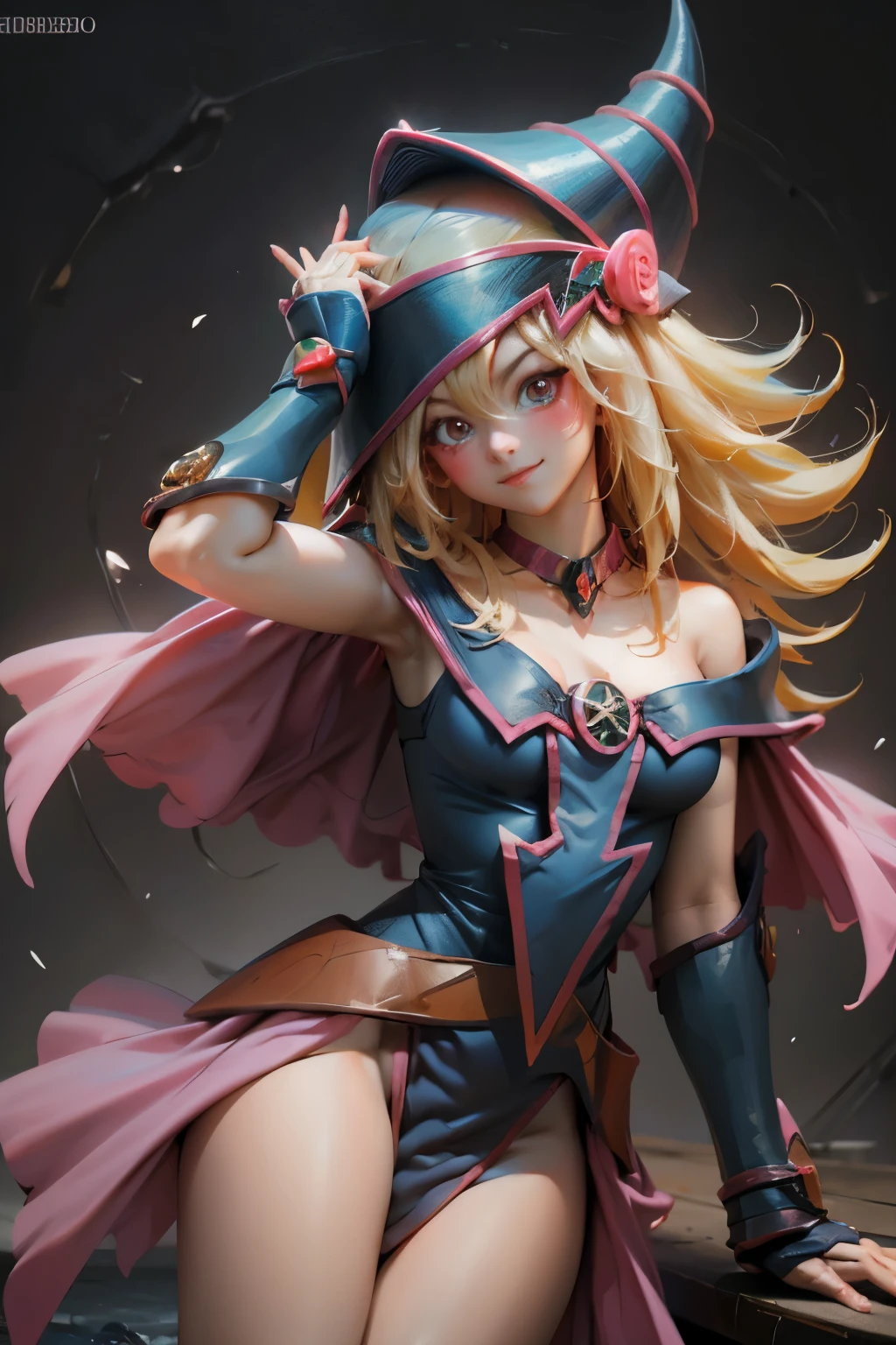 Crea el hermoso rostro de dark magician gils. Ojos azules. Labios rosados. Tes blanca. Cabello rubio. girl smile. Hombros destapados y en bikini. Collar en el cuello. Rostro de dark magician gils . En bikini. Pose sensual y inocente 