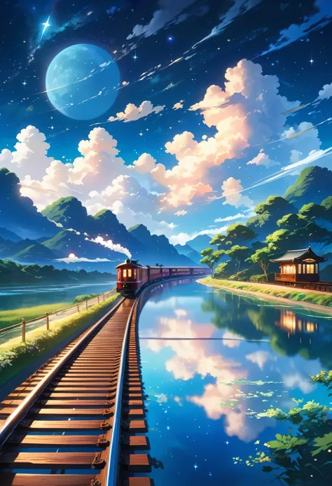 high-quality masterpiece, landscape, cloud, cartoon train passing a body of water on the tracks in the distance, bright starry s...