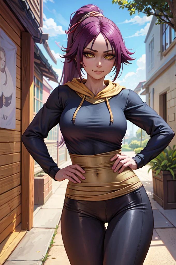 (masterpiece, best quality:1.2), solo, 1girl, shihouin yoruichi, smirk, looking at the viewer, hands on hips, ponytail, long sleeves, black pants, masterpiece, realistic eyes, best quality, closed mouth, beautiful lighting, cinematic, 8k, facial, wet face, liner, wooden walls, medium , gray hoodie, leggings, wide hips, yellow eyes,