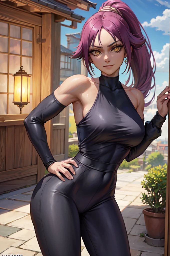 (masterpiece, best quality:1.2), solo, 1girl, shihouin yoruichi, smirk, looking at the viewer, hands on hips, ponytail, long sleeves, black pants, masterpiece, realistic eyes, best quality, closed mouth, beautiful lighting, cinematic, 8k, facial, wet face, liner, wooden walls, medium , gray hoodie, leggings, wide hips, yellow eyes,