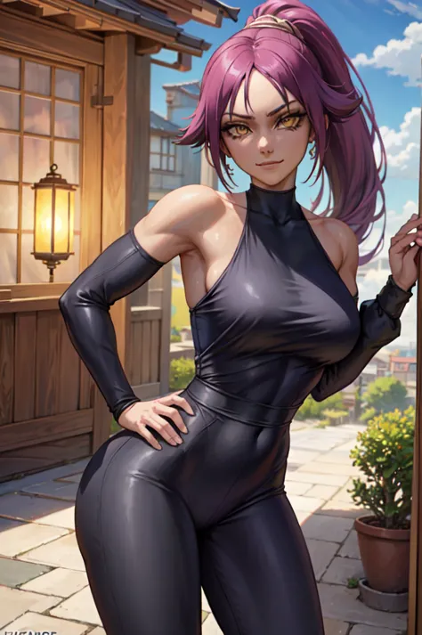 (masterpiece, best quality:1.2), solo, 1girl, shihouin yoruichi, smirk, looking at the viewer, hands on hips, ponytail, long sle...