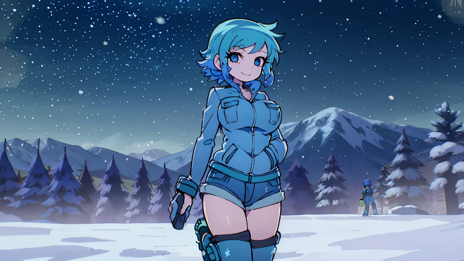 A girl Ramona Flowers shirt jacket roller skates Super huge breasts breast enlargement Smiling while standing alone in the snow looking at this full-body shot Perfect illustration, ultra-detailed, HDR, vibrant colors, soft lighting
