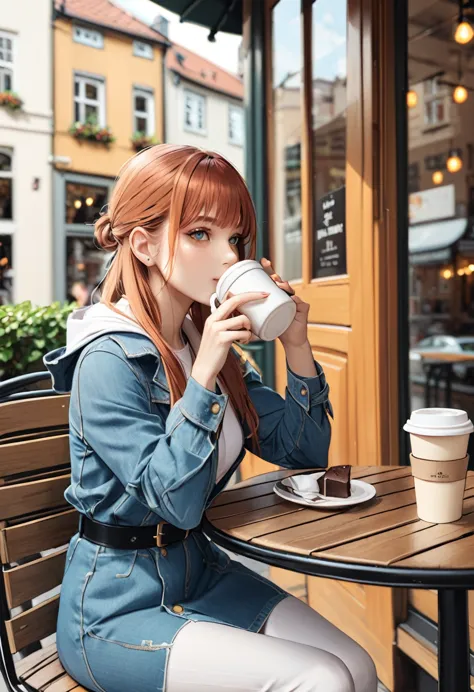 German woman sitting at a cafe table drinking coffee、Emma&#39;s Photo。Window sunlight, Blue Hair, Dynamic pose, Skin Texture, Pa...