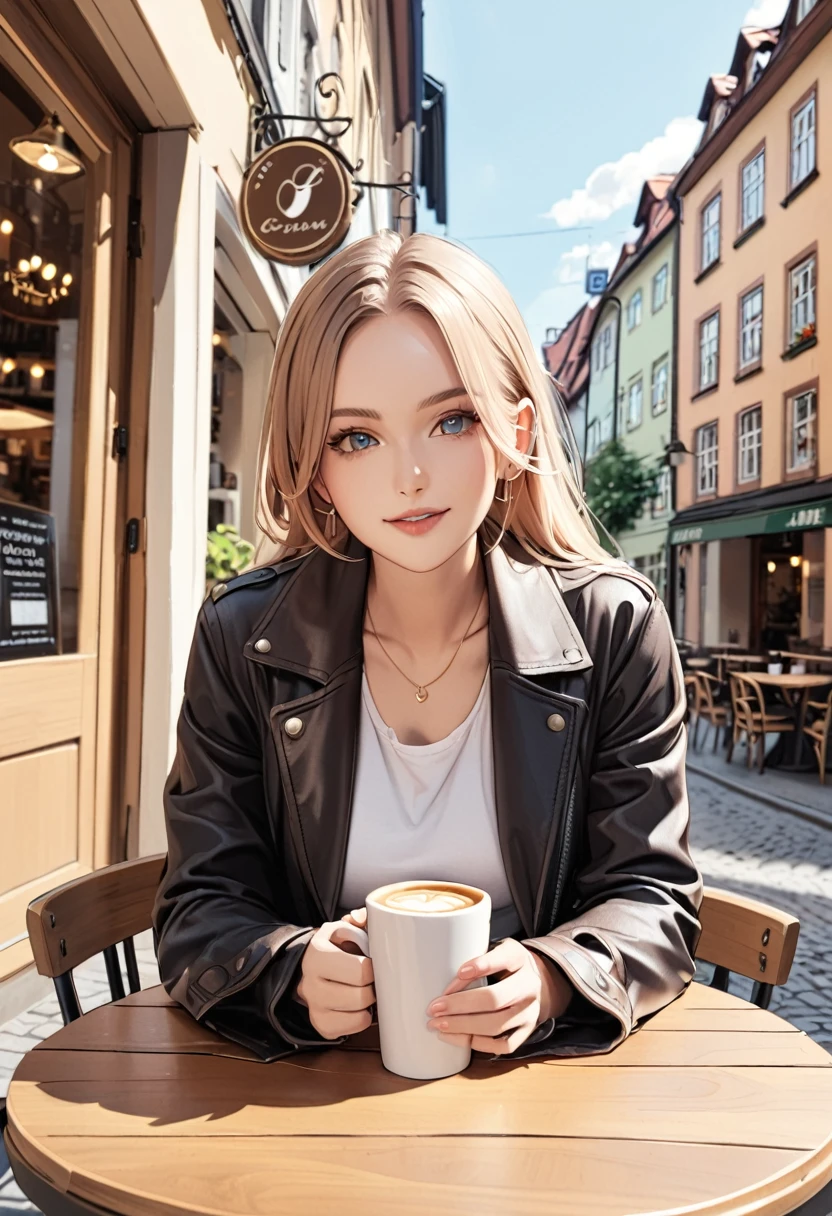 German woman sitting at a cafe table drinking coffee、Emma&#39;s Photo。Window sunlight, Blue Hair, Dynamic pose, Skin Texture, Pale skin, Shiny skin, (slim, small:1.2), [:(Sharp focus on the face, Detailed face, Perfect Eyes, View Viewer:1.2):0.2], Realistic, Film Grain, highest quality, masterpiece