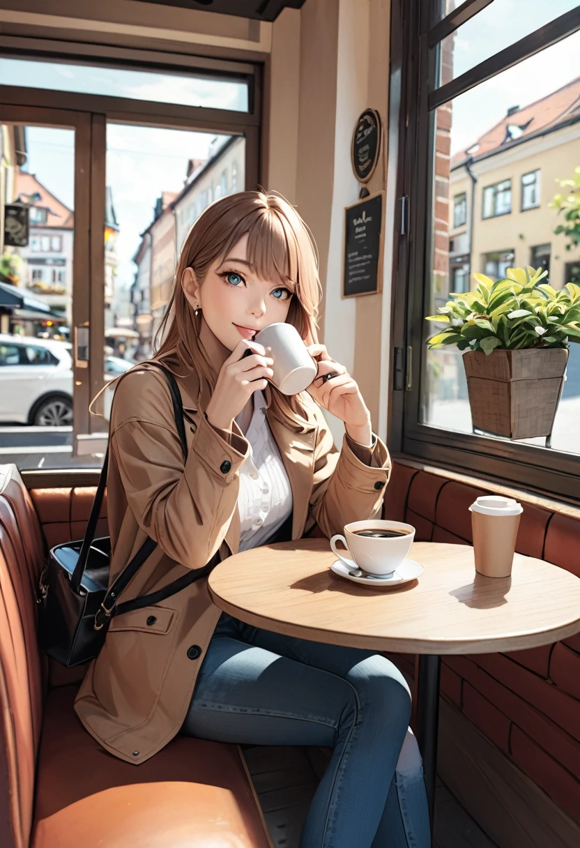 坐在咖啡桌边喝咖啡的德国女人、艾瑪&#39;照片。窗户阳光, 藍頭髮, 動態姿勢, 肌理, 皮膚蒼白, 有光澤的皮膚, (苗條的, 小的:1.2), [:(清晰的焦點集中在臉部, 詳細的臉部, 完美的眼睛, 查看檢視器:1.2):0.2], 實際的, 膠片顆粒, 最好的品質, 傑作