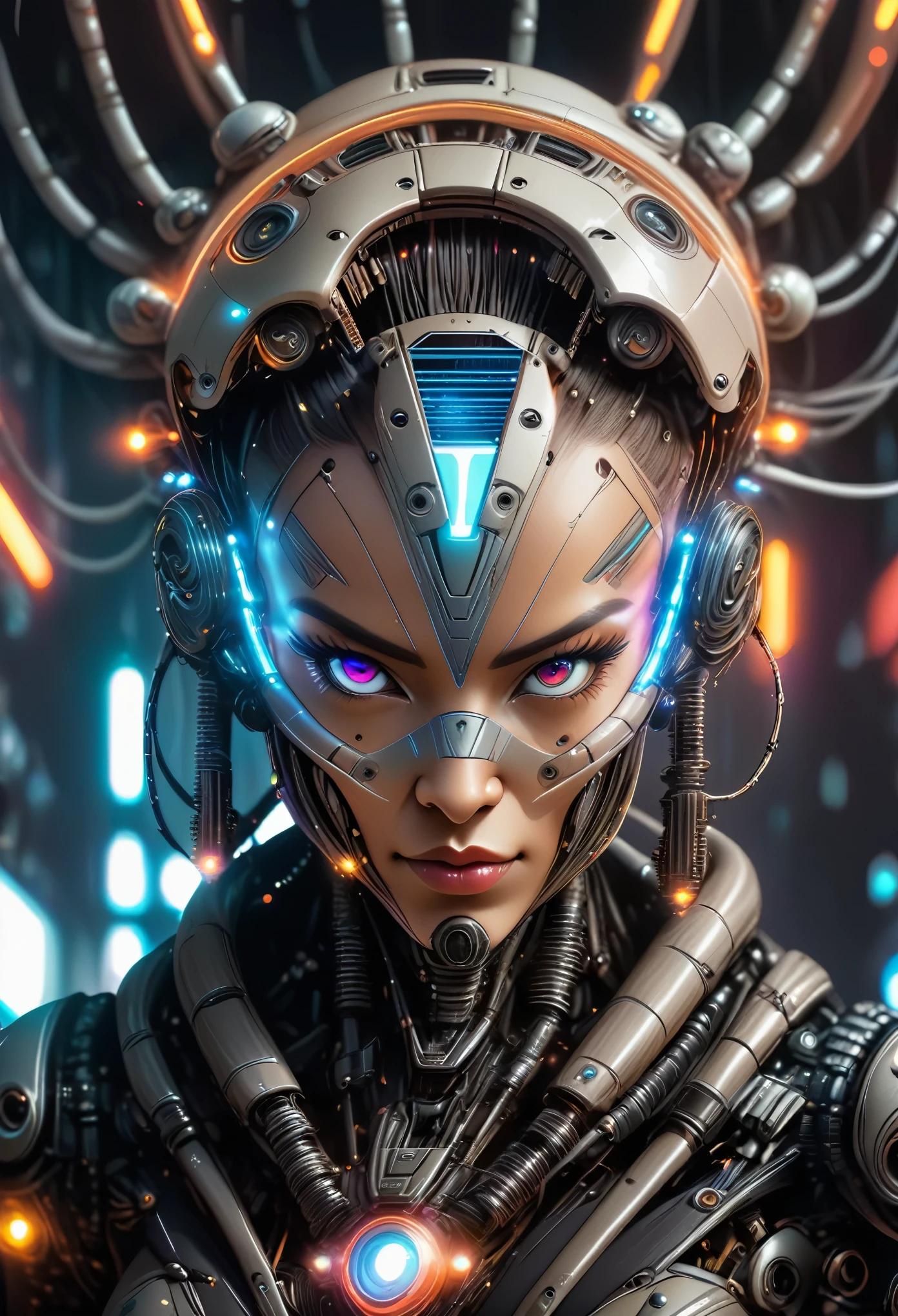 eine Frau mit futuristischem Kopfschmuck und futuristischem Gesicht, Harmonisch integriert mit Computerchip und elektrischen Leitungen, Raumschiff steuert Hintergrund, cyberpunk style, Neonlichter