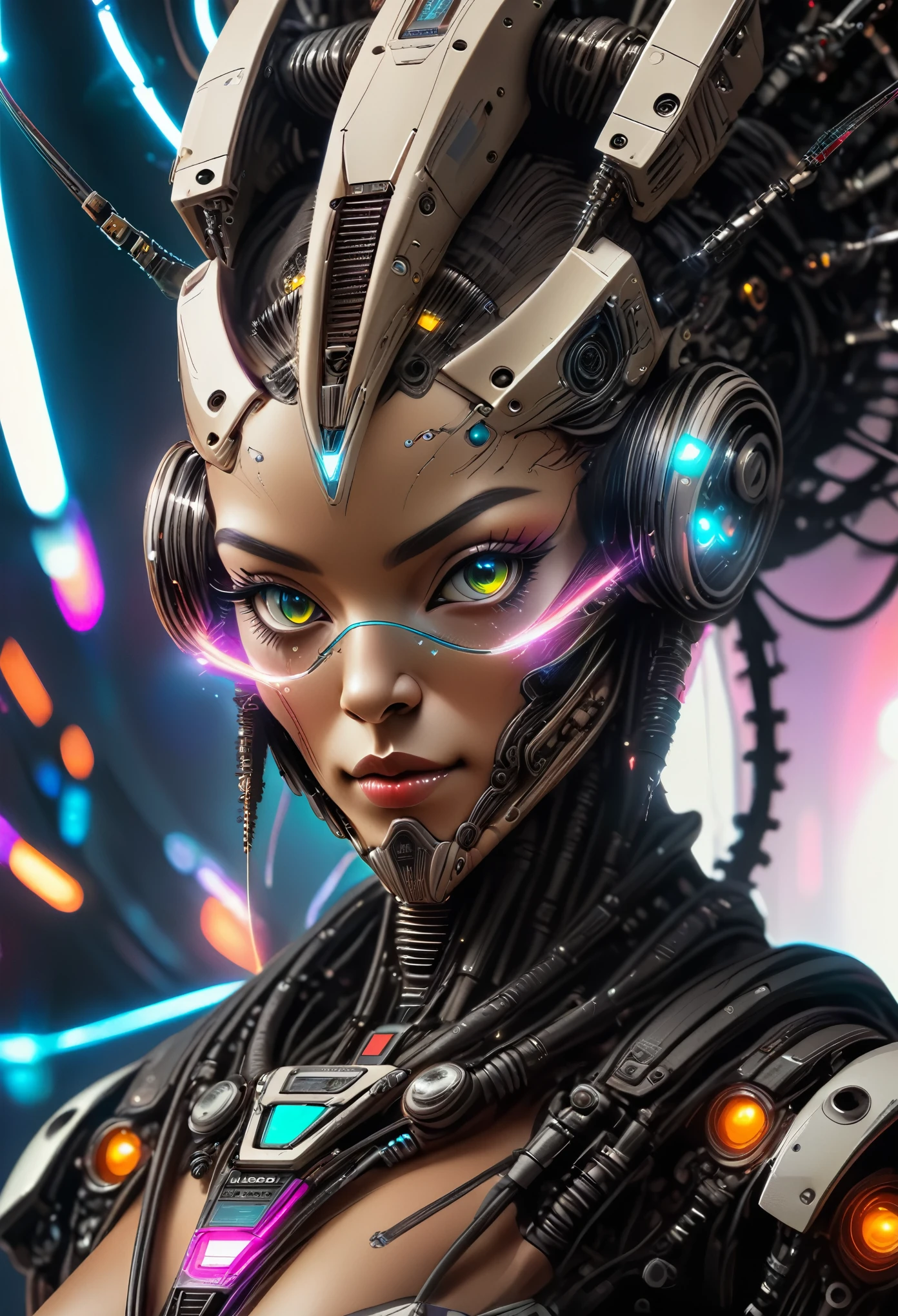 一位戴着未来主义头饰、长着未来主义面孔的女性, 与电脑芯片和电线完美结合, 宇宙飞船控制背景, 赛博朋克风格, 霓虹灯